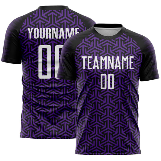 Custom Black White-Purple Geometric Arrow Sublimation Soccer Uniform Jersey - Main View