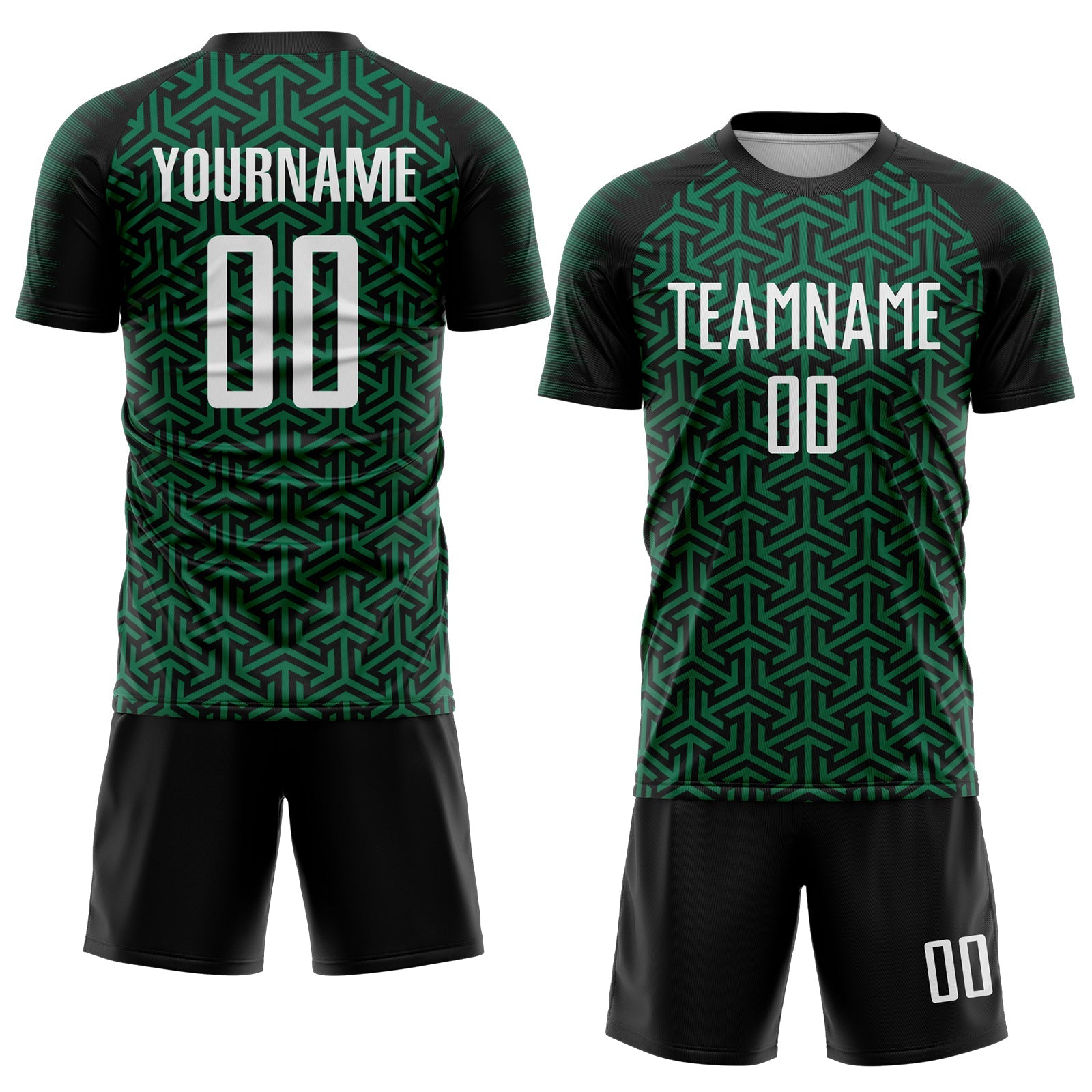 Custom Black White-Kelly Green Geometric Arrow Sublimation Soccer Uniform Jersey view 2
