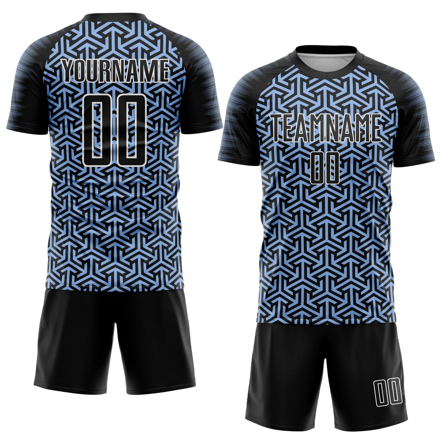 Custom Black Light Blue-White Geometric Arrow Sublimation Soccer Uniform Jersey view 2