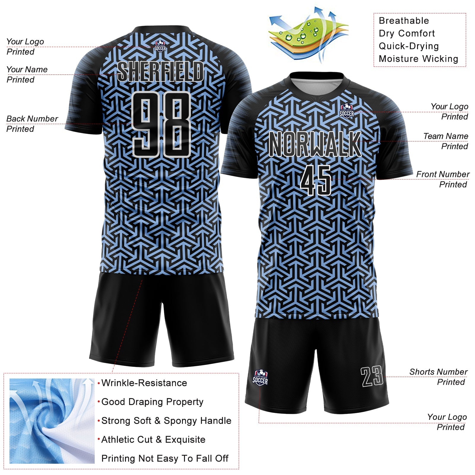 Custom Black Light Blue-White Geometric Arrow Sublimation Soccer Uniform Jersey view 4