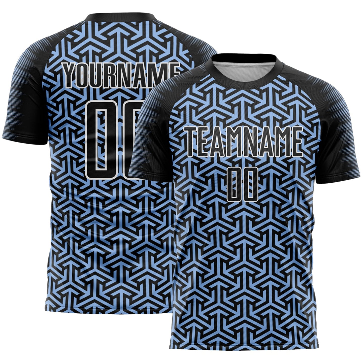 Custom Black Light Blue-White Geometric Arrow Sublimation Soccer Uniform Jersey - Main View