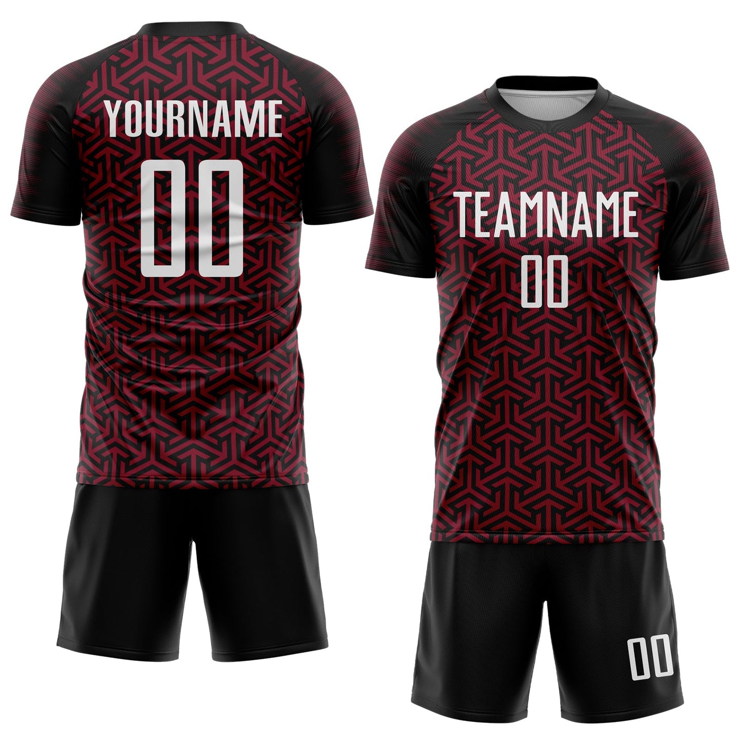 Custom Black White-Crimson Geometric Arrow Sublimation Soccer Uniform Jersey view 2