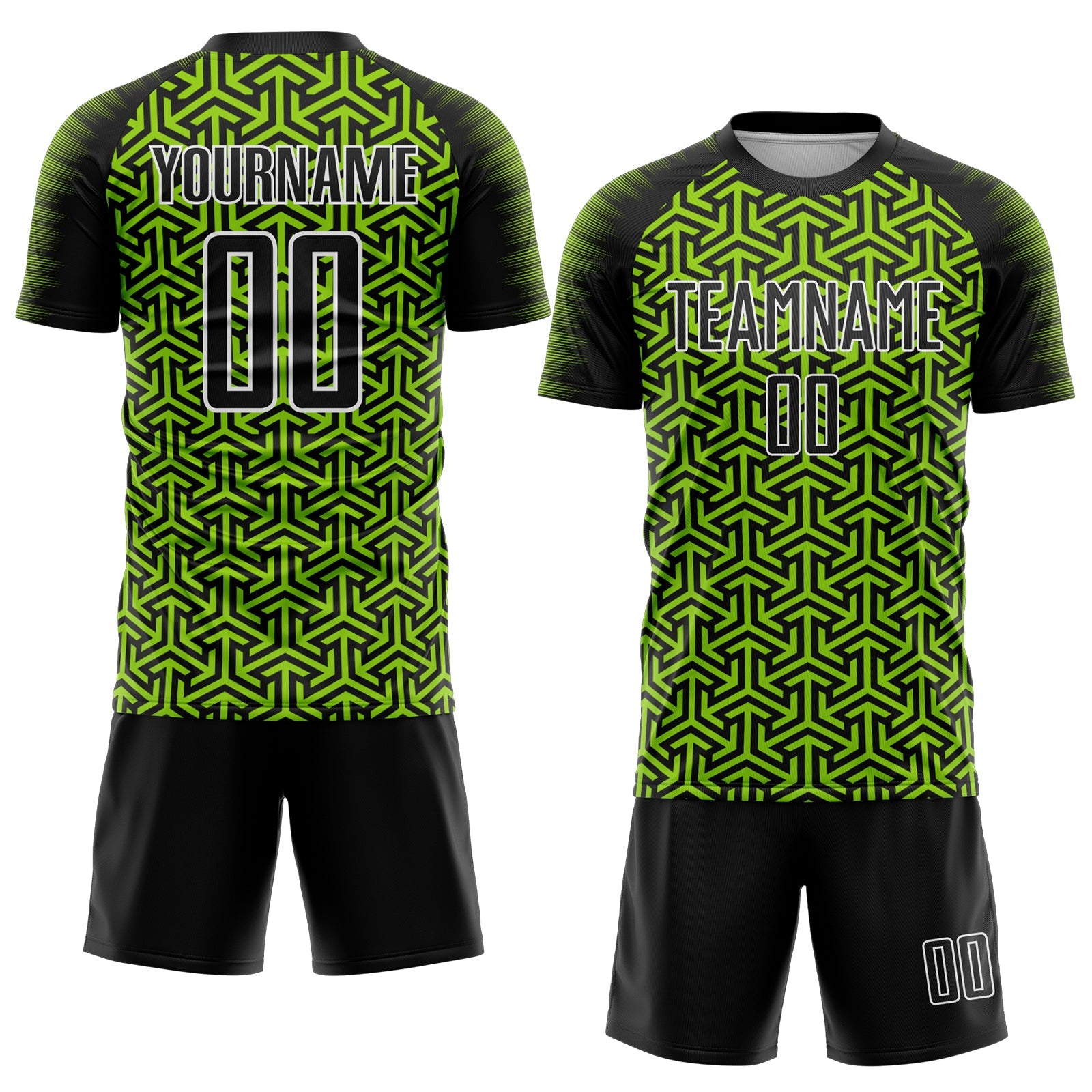 Custom Black Neon Green-White Geometric Arrow Sublimation Soccer Uniform Jersey view 2