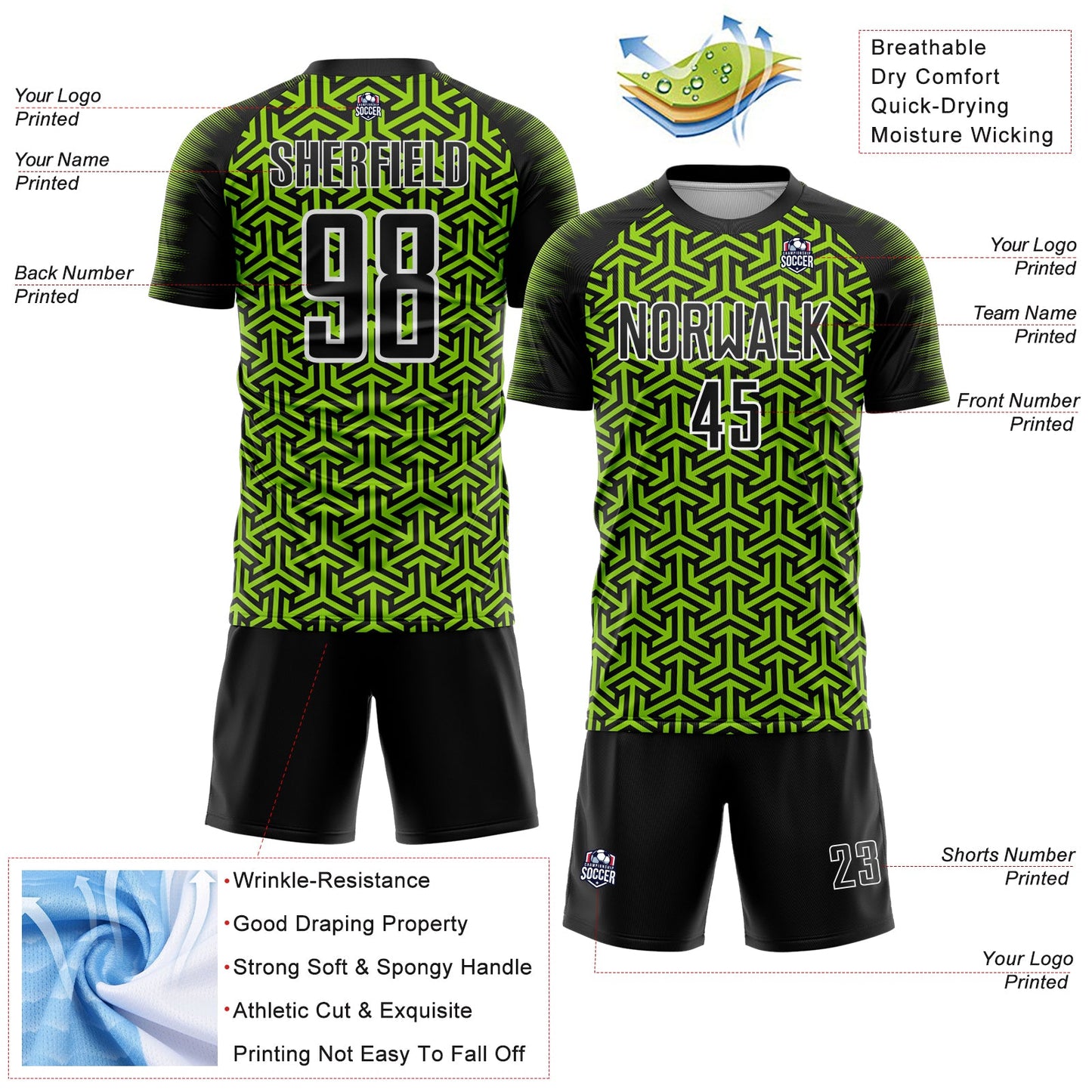 Custom Black Neon Green-White Geometric Arrow Sublimation Soccer Uniform Jersey view 4