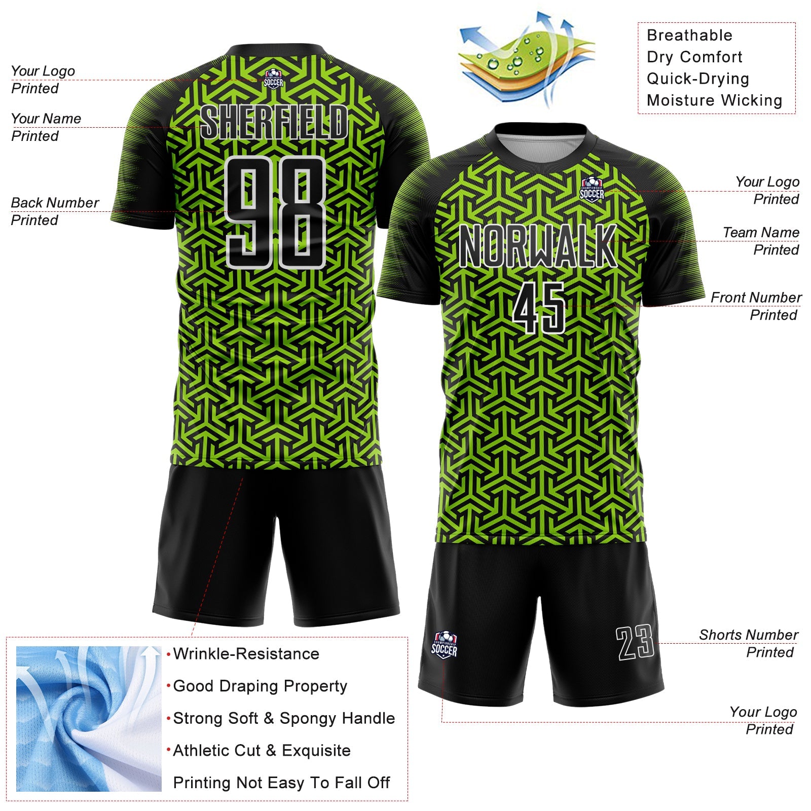 Custom Black Neon Green-White Geometric Arrow Sublimation Soccer Uniform Jersey view 4