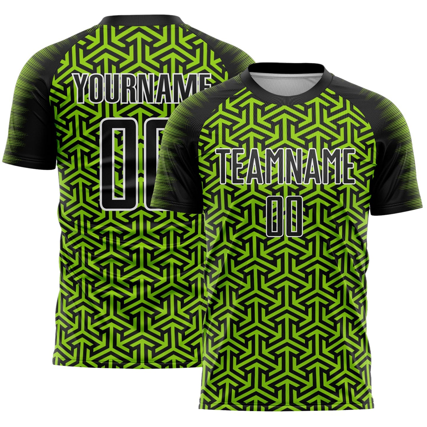 Custom Black Neon Green-White Geometric Arrow Sublimation Soccer Uniform Jersey - Main View