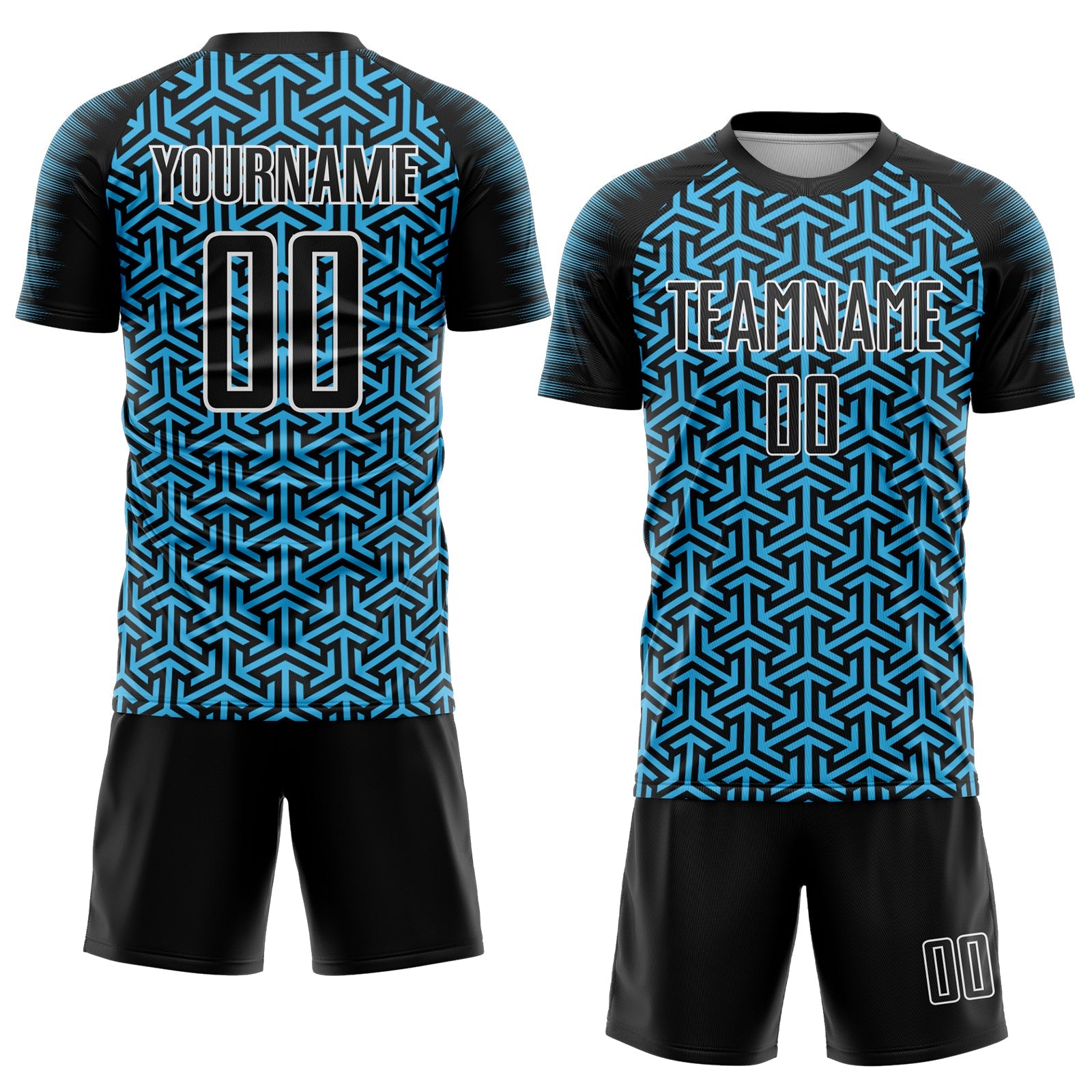 Custom Black Sky Blue-White Geometric Arrow Sublimation Soccer Uniform Jersey view 2