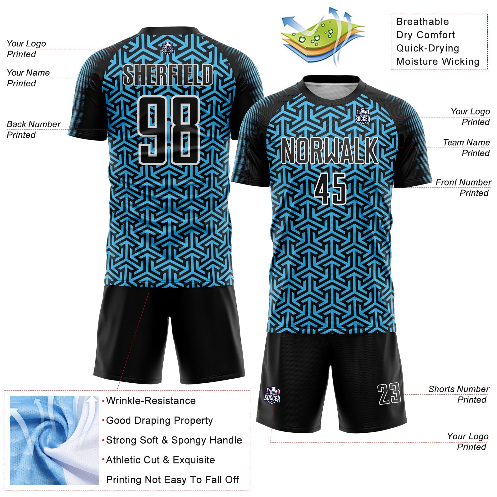 Custom Black Sky Blue-White Geometric Arrow Sublimation Soccer Uniform Jersey view 4