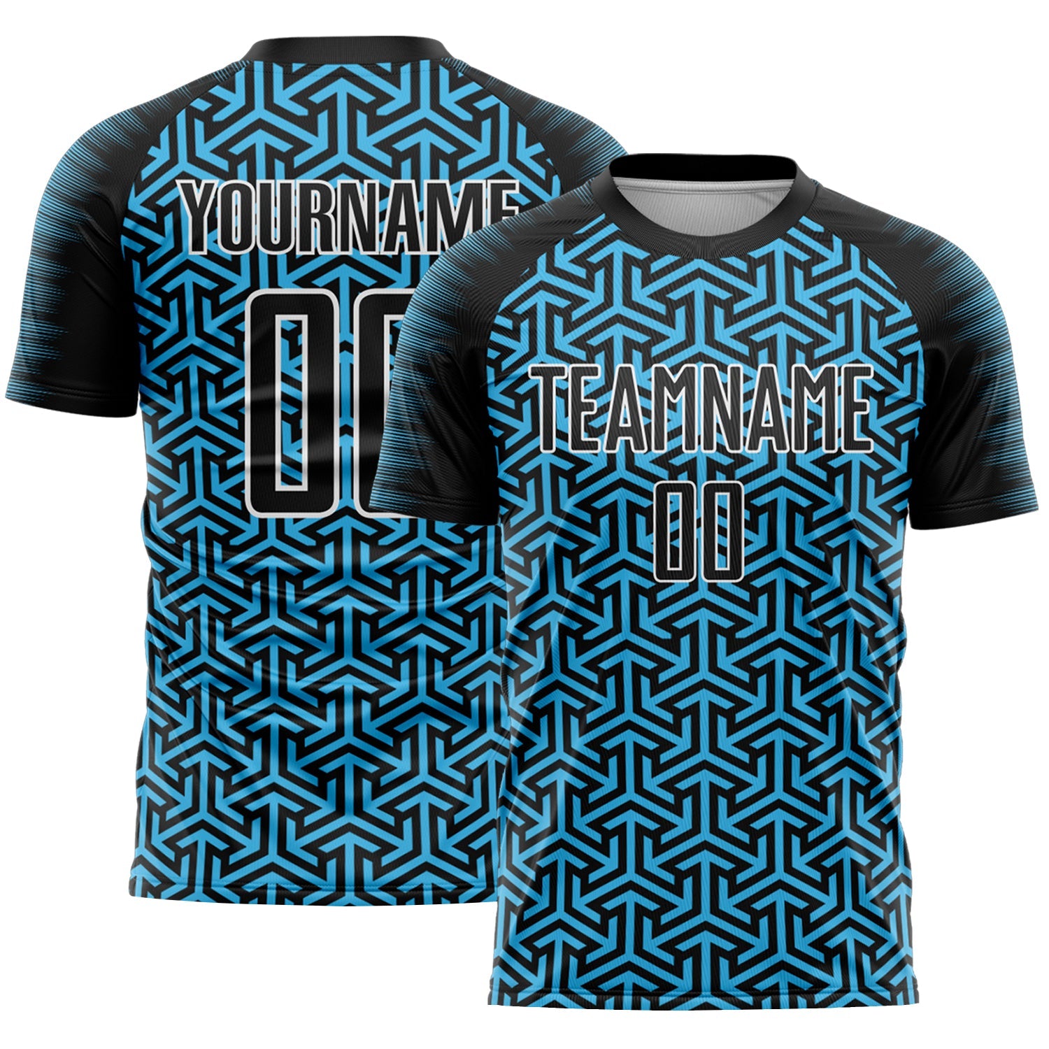 Custom Black Sky Blue-White Geometric Arrow Sublimation Soccer Uniform Jersey - Main View