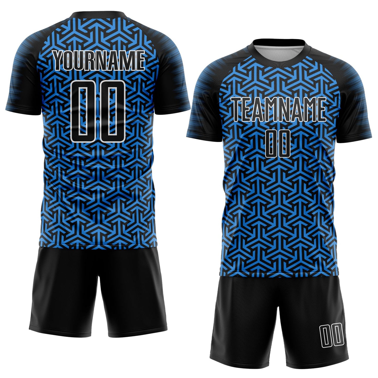 Custom Black Powder Blue-White Geometric Arrow Sublimation Soccer Uniform Jersey view 2