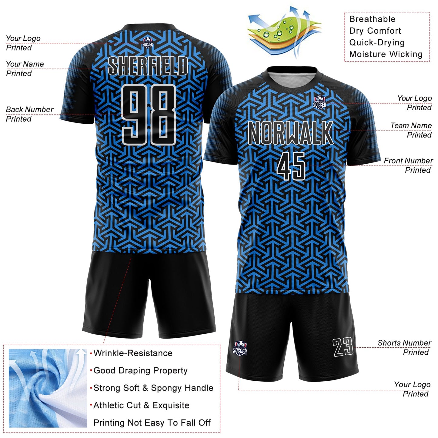 Custom Black Powder Blue-White Geometric Arrow Sublimation Soccer Uniform Jersey view 4