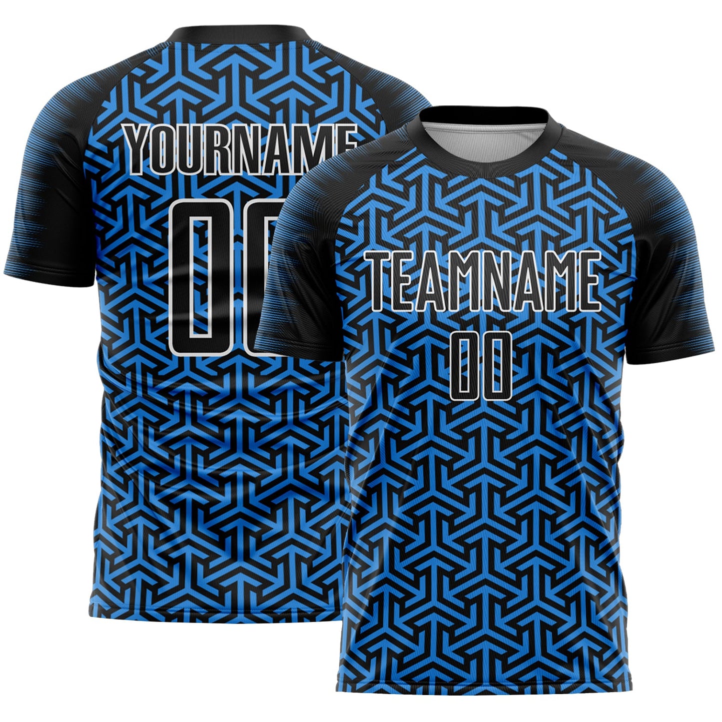 Custom Black Powder Blue-White Geometric Arrow Sublimation Soccer Uniform Jersey - Main View