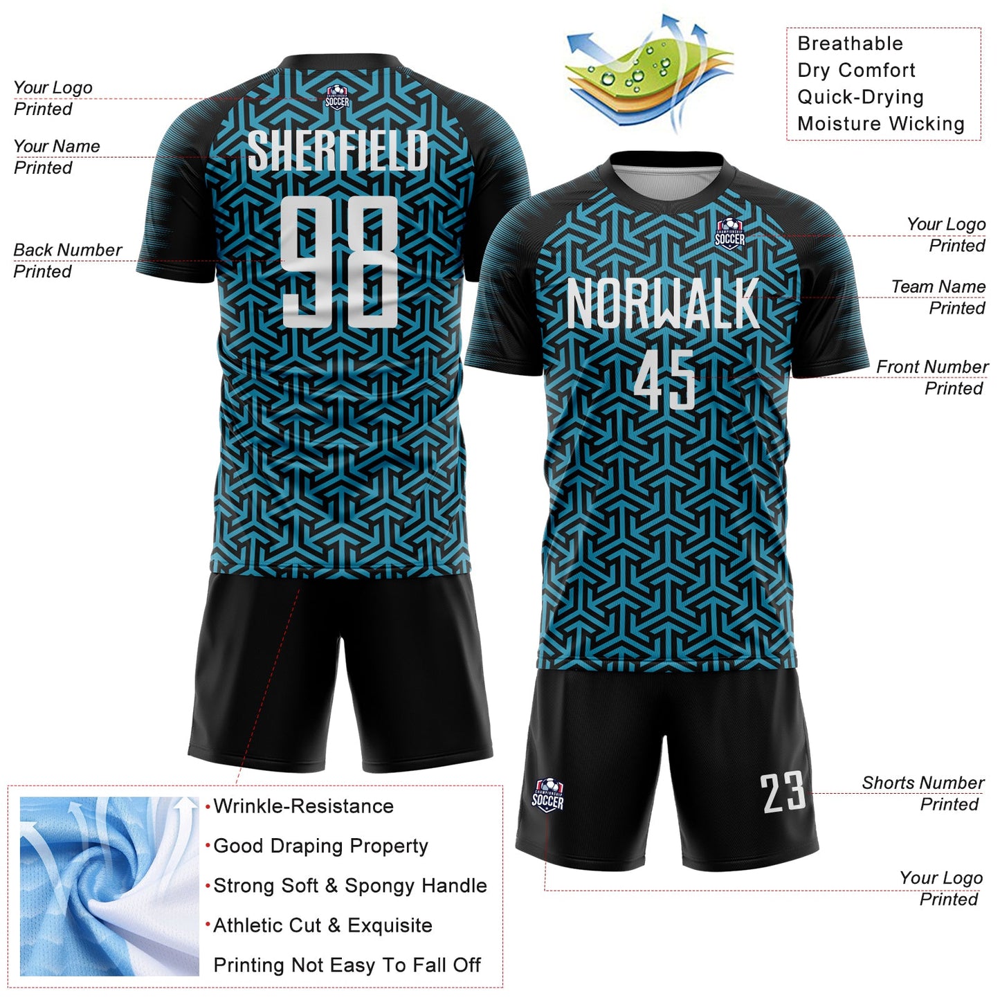 Custom Black White-Panther Blue Geometric Arrow Sublimation Soccer Uniform Jersey view 4