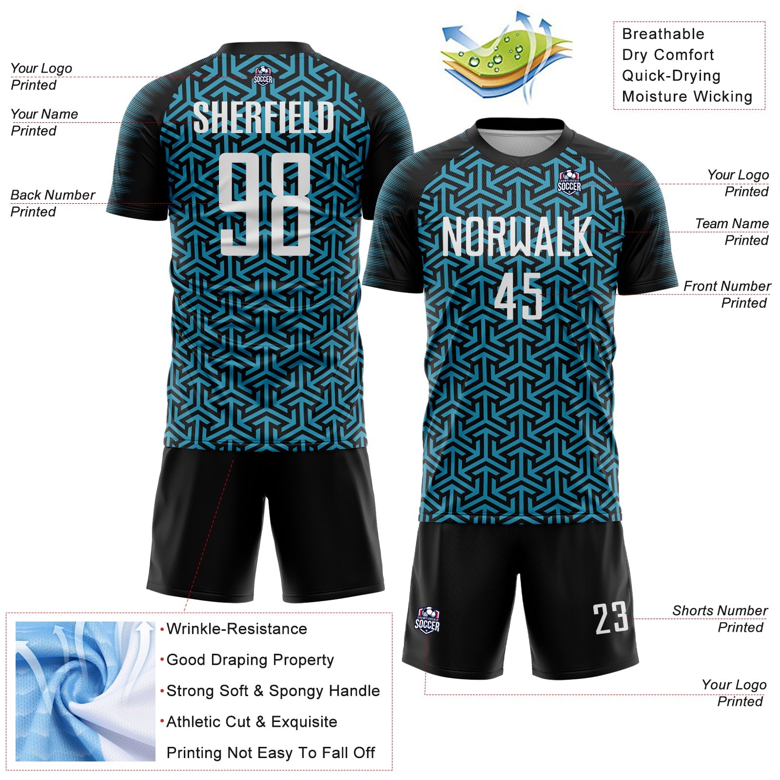 Custom Black White-Panther Blue Geometric Arrow Sublimation Soccer Uniform Jersey view 4
