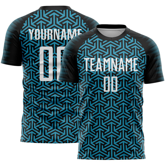 Custom Black White-Panther Blue Geometric Arrow Sublimation Soccer Uniform Jersey - Main View