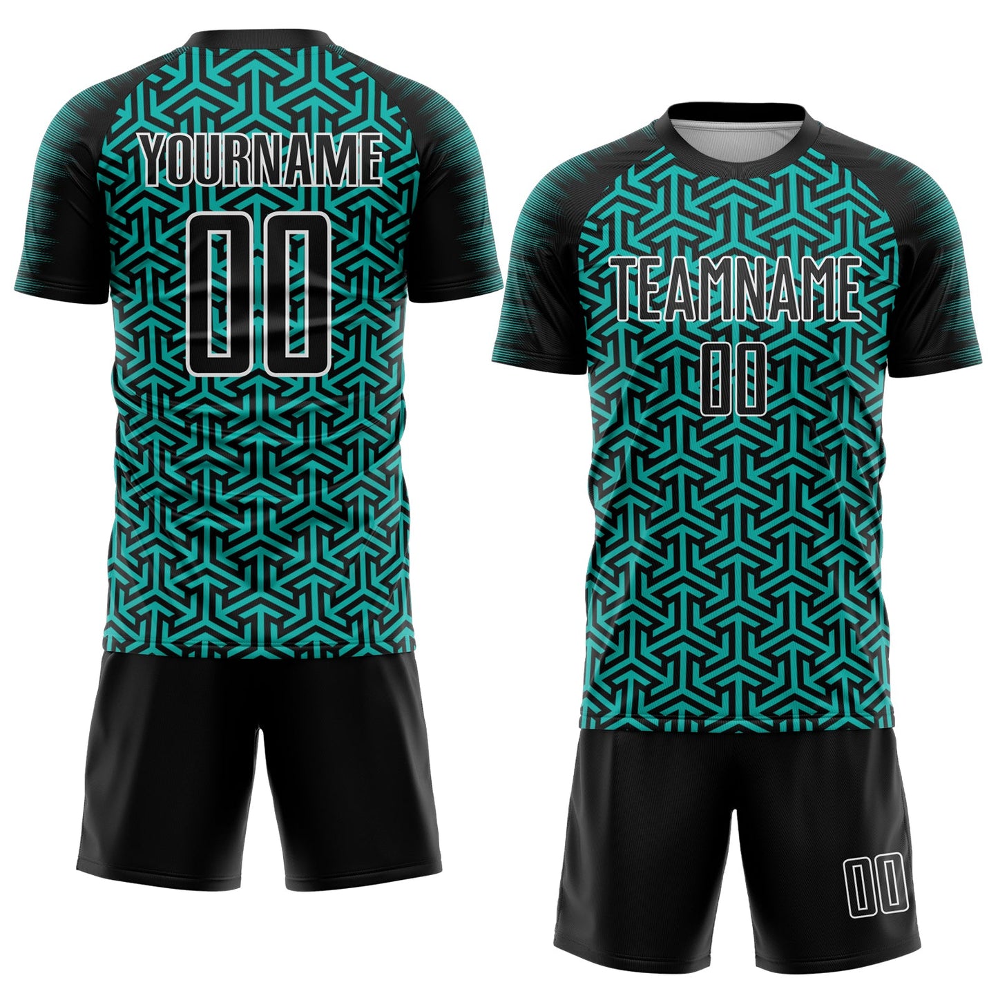 Custom Black Aqua-White Geometric Arrow Sublimation Soccer Uniform Jersey view 2