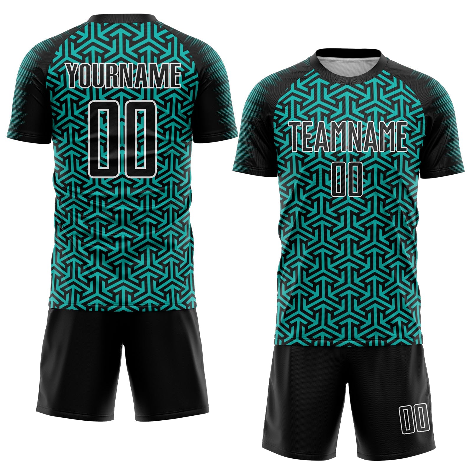 Custom Black Aqua-White Geometric Arrow Sublimation Soccer Uniform Jersey view 2