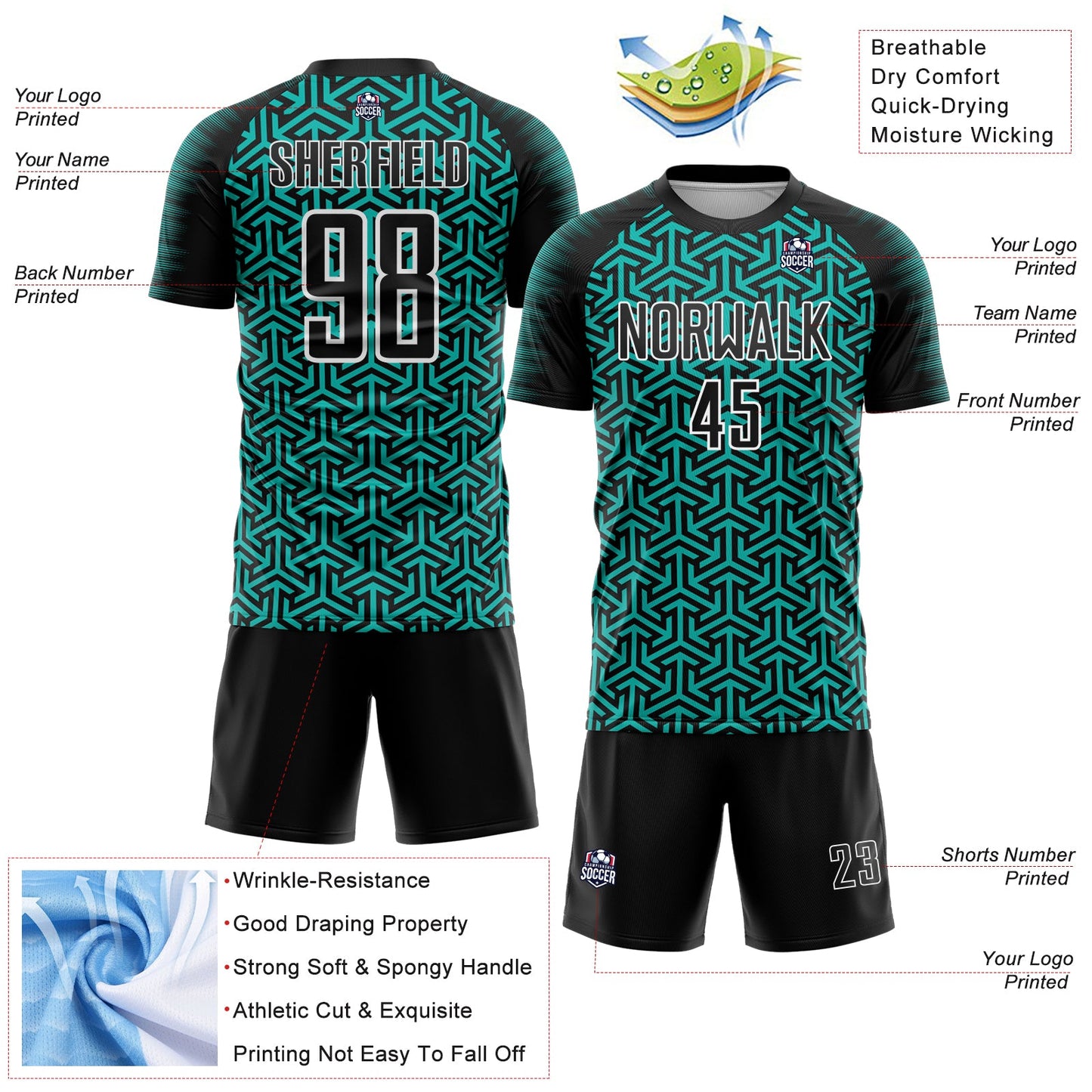 Custom Black Aqua-White Geometric Arrow Sublimation Soccer Uniform Jersey view 4
