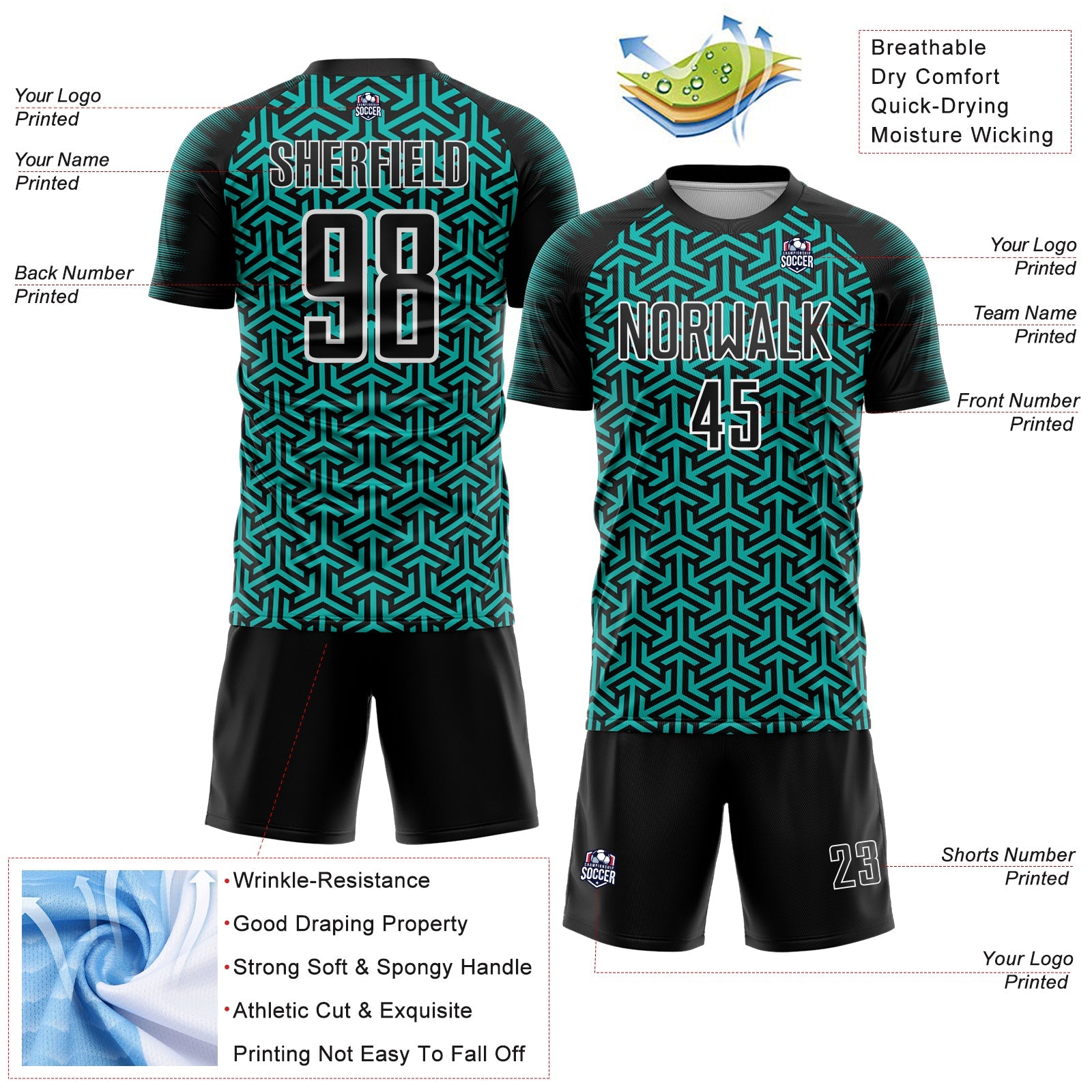 Custom Black Aqua-White Geometric Arrow Sublimation Soccer Uniform Jersey view 4