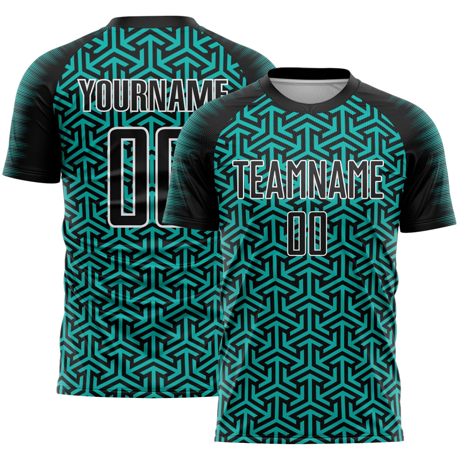 Custom Black Aqua-White Geometric Arrow Sublimation Soccer Uniform Jersey - Main View