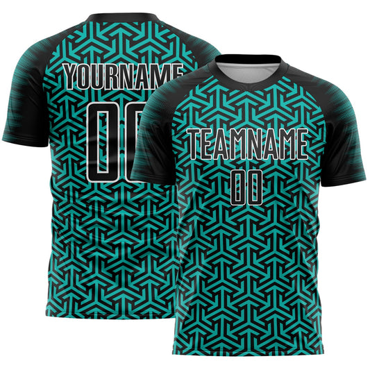 Custom Black Aqua-White Geometric Arrow Sublimation Soccer Uniform Jersey - Main View