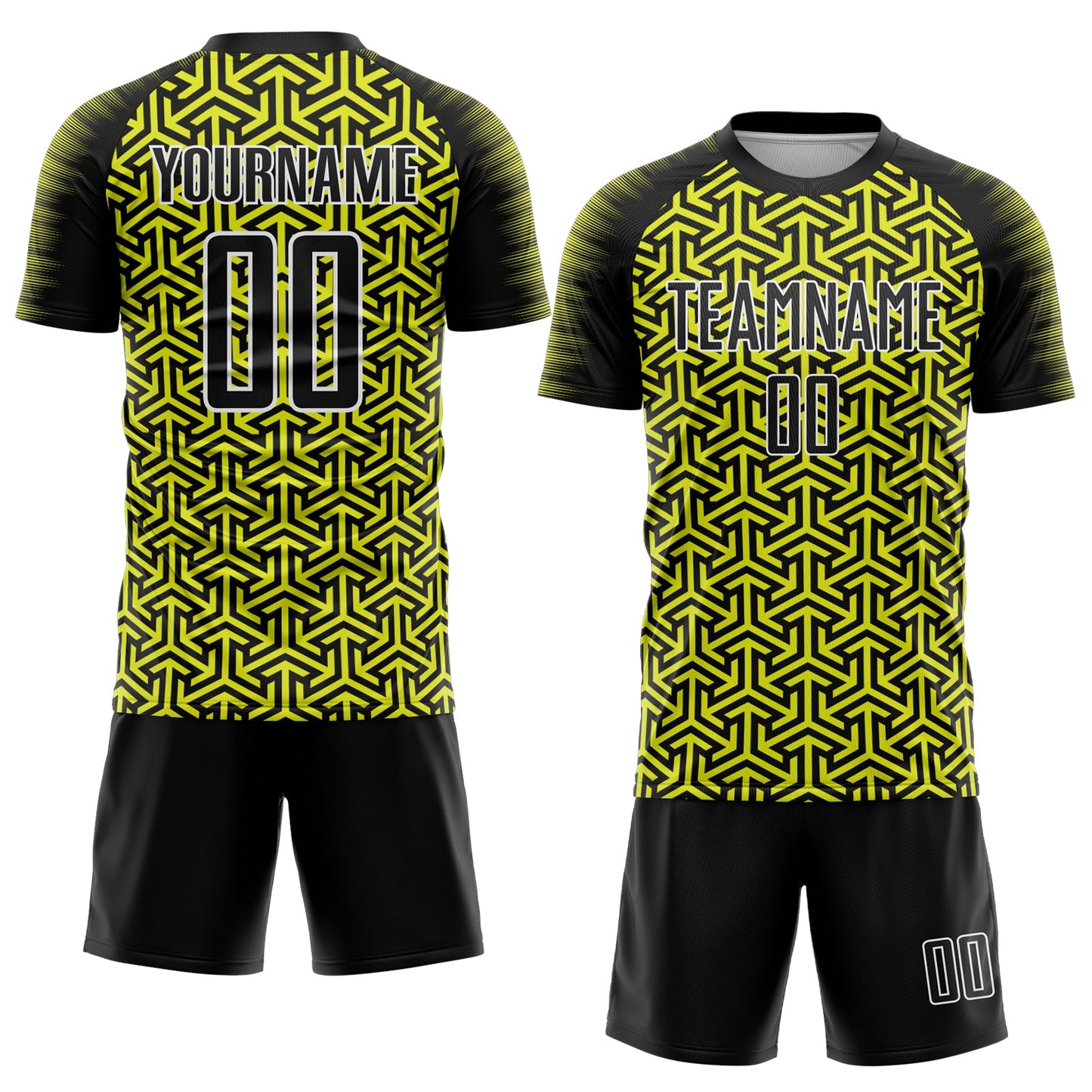Custom Black Neon Yellow-White Geometric Arrow Sublimation Soccer Uniform Jersey view 2