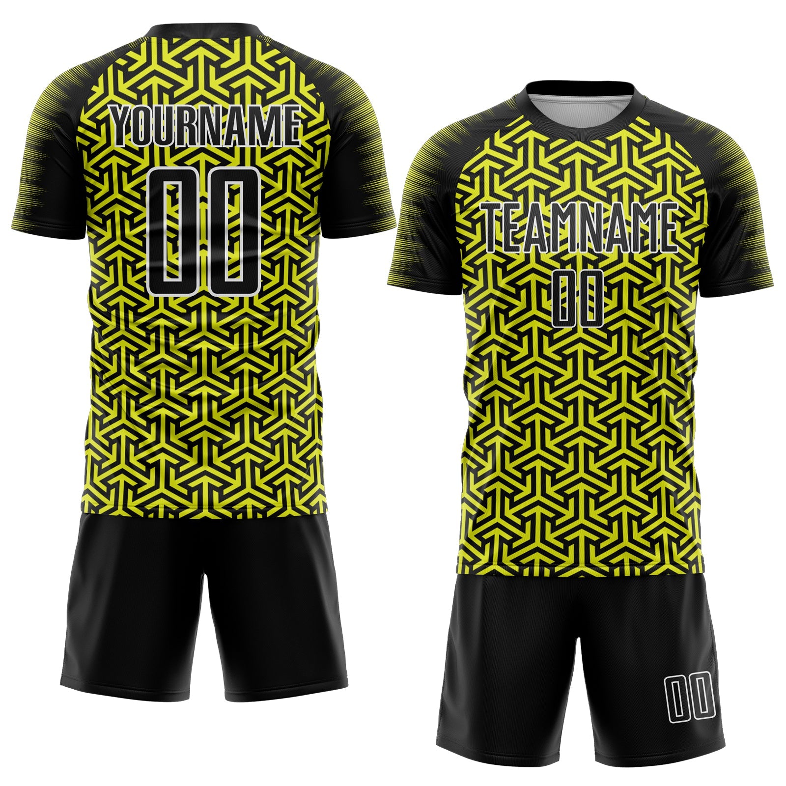Custom Black Neon Yellow-White Geometric Arrow Sublimation Soccer Uniform Jersey view 2