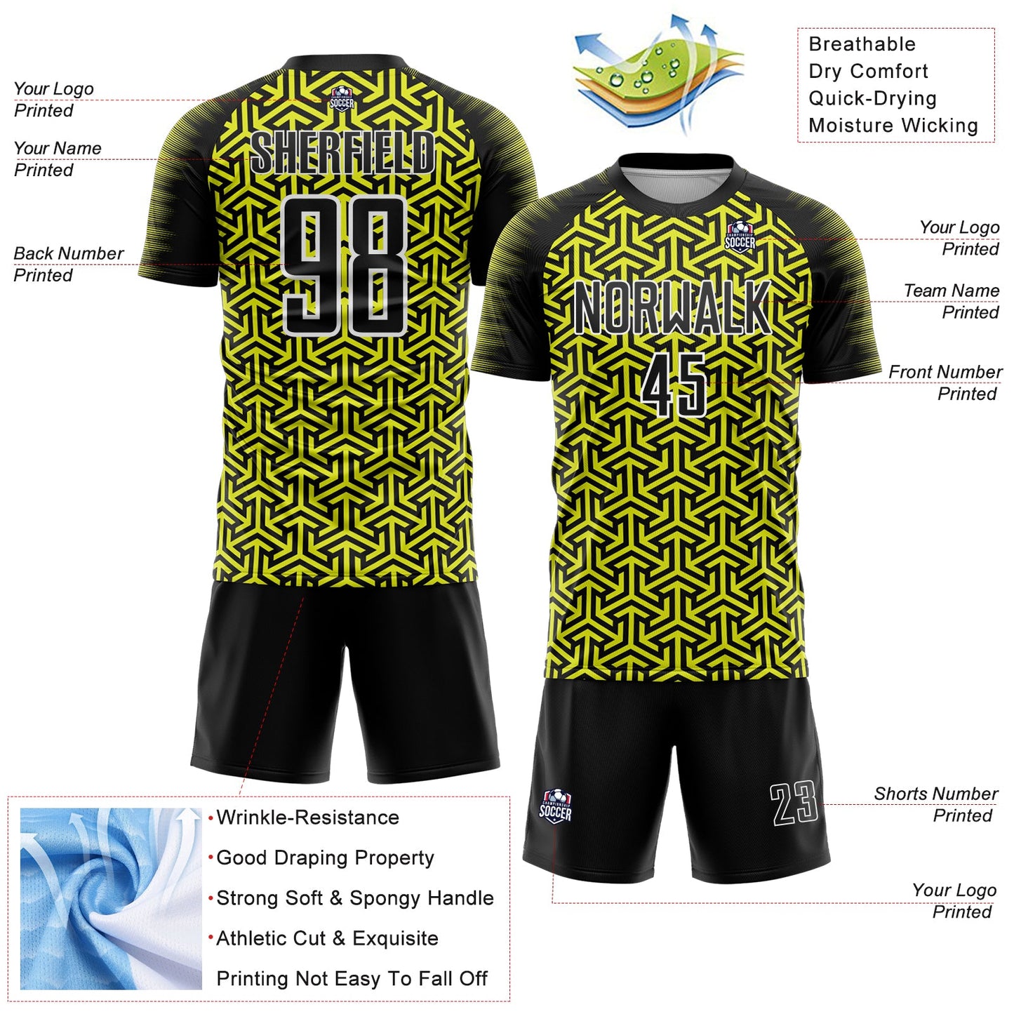 Custom Black Neon Yellow-White Geometric Arrow Sublimation Soccer Uniform Jersey view 4