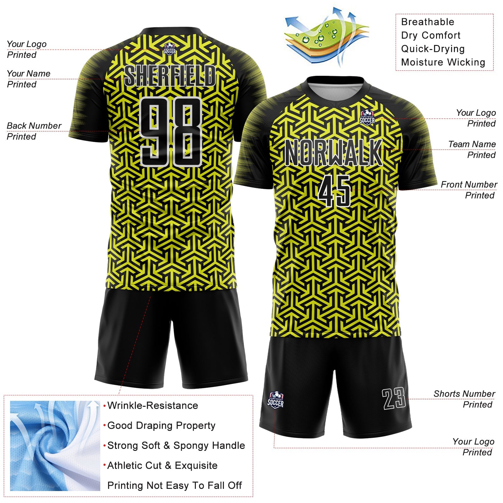 Custom Black Neon Yellow-White Geometric Arrow Sublimation Soccer Uniform Jersey view 4