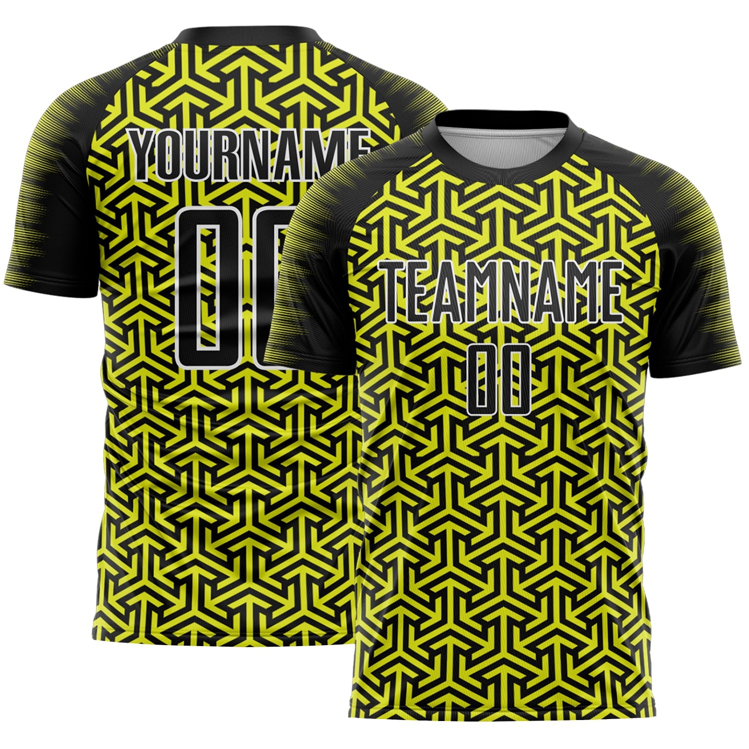 Custom Black Neon Yellow-White Geometric Arrow Sublimation Soccer Uniform Jersey - Main View