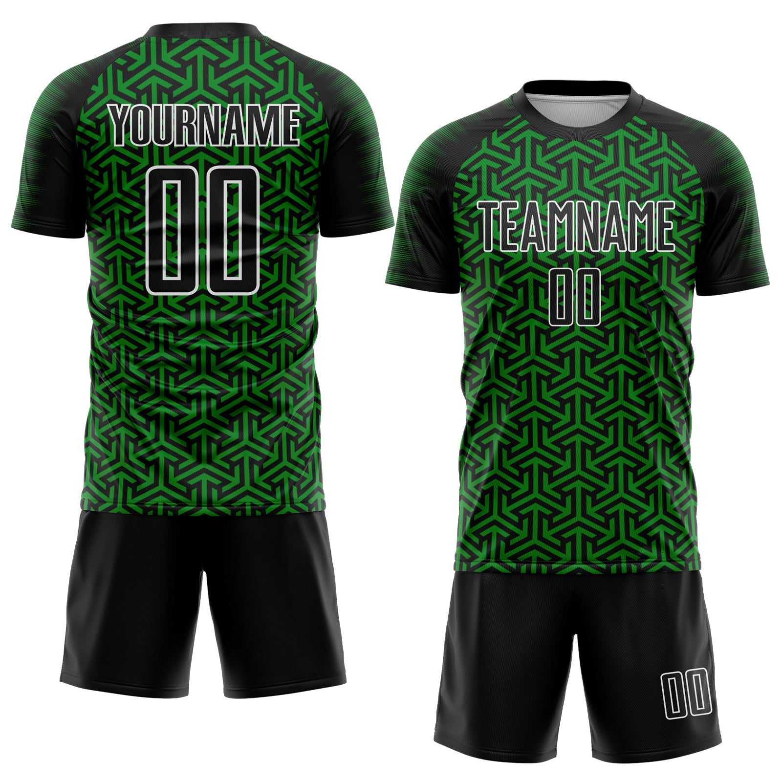 Custom Black Grass Green-White Geometric Arrow Sublimation Soccer Uniform Jersey view 2