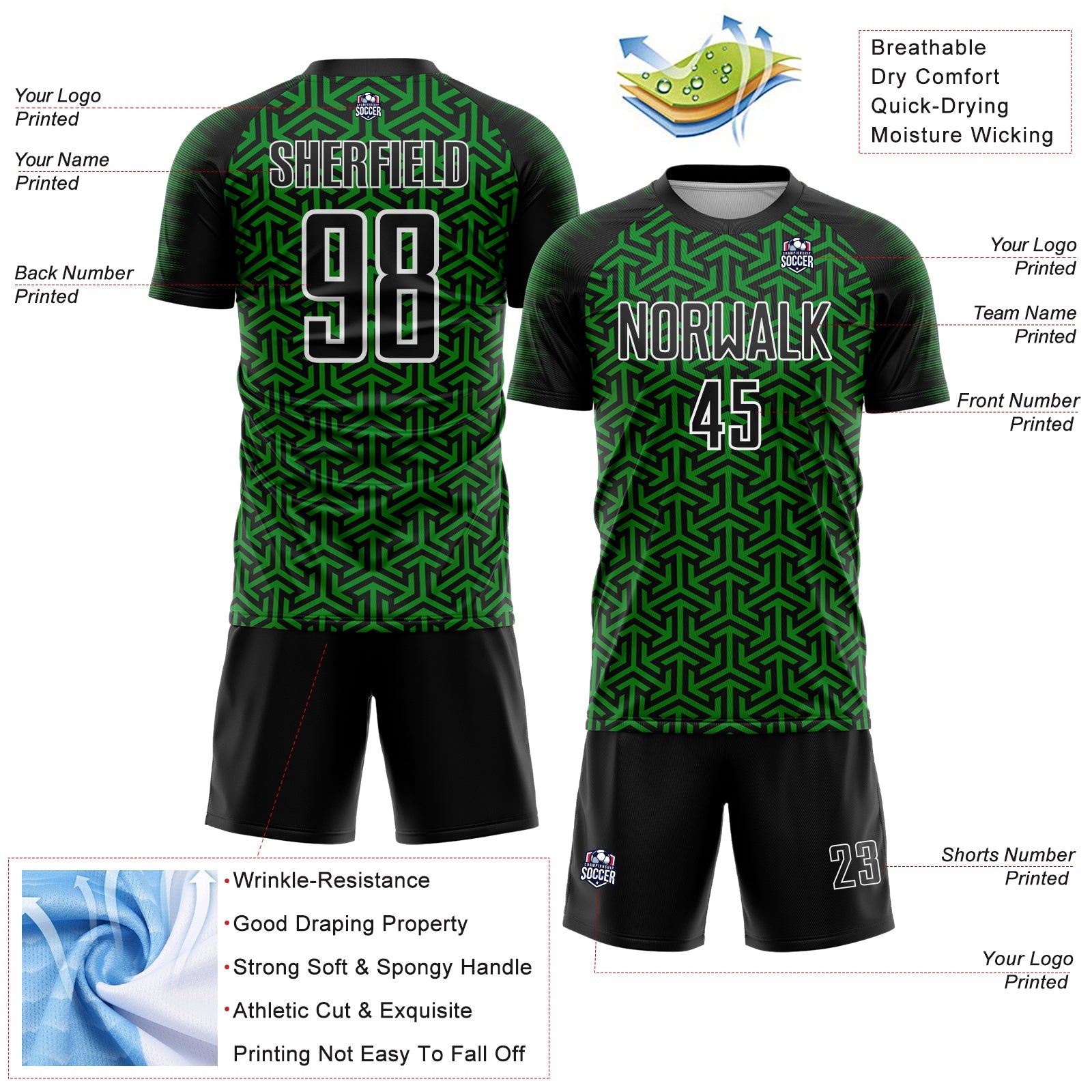 Custom Black Grass Green-White Geometric Arrow Sublimation Soccer Uniform Jersey view 4