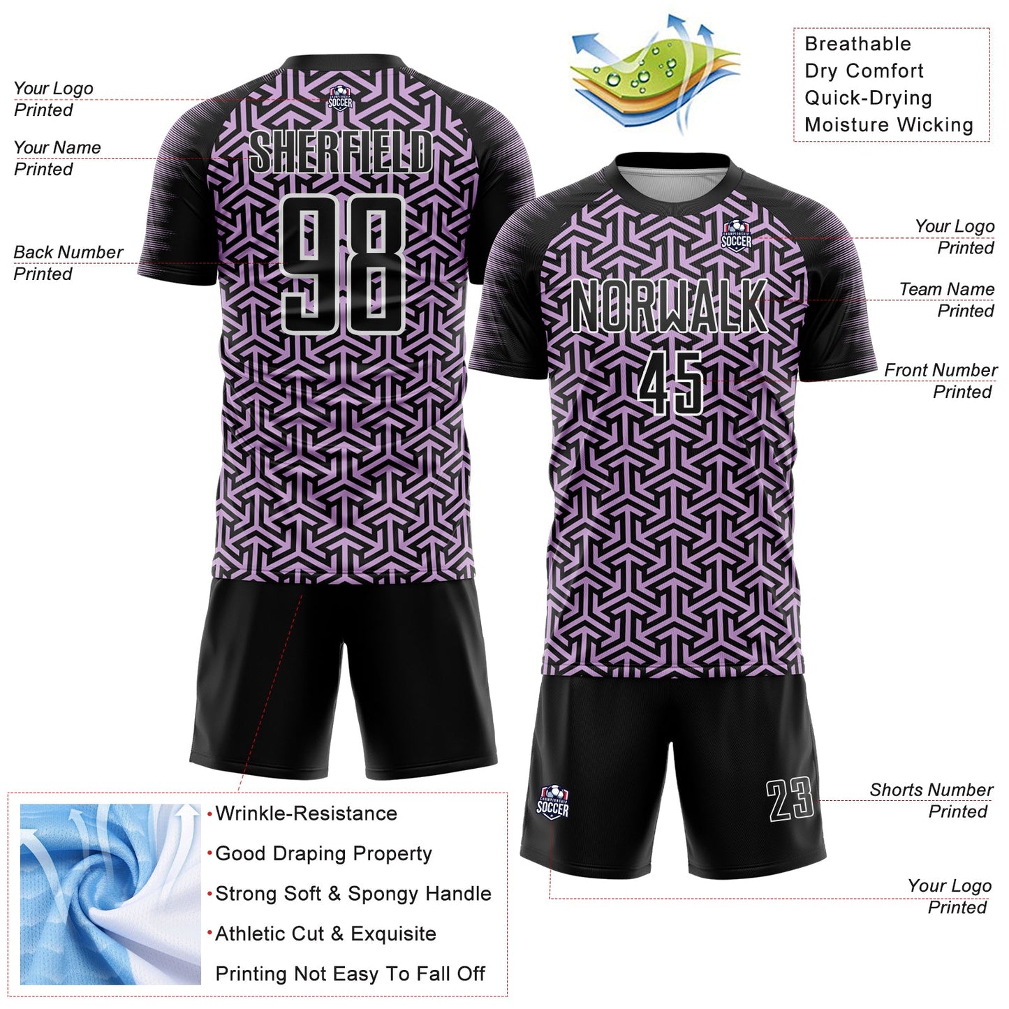 Custom Black Light Purple-White Geometric Arrow Sublimation Soccer Uniform Jersey view 4