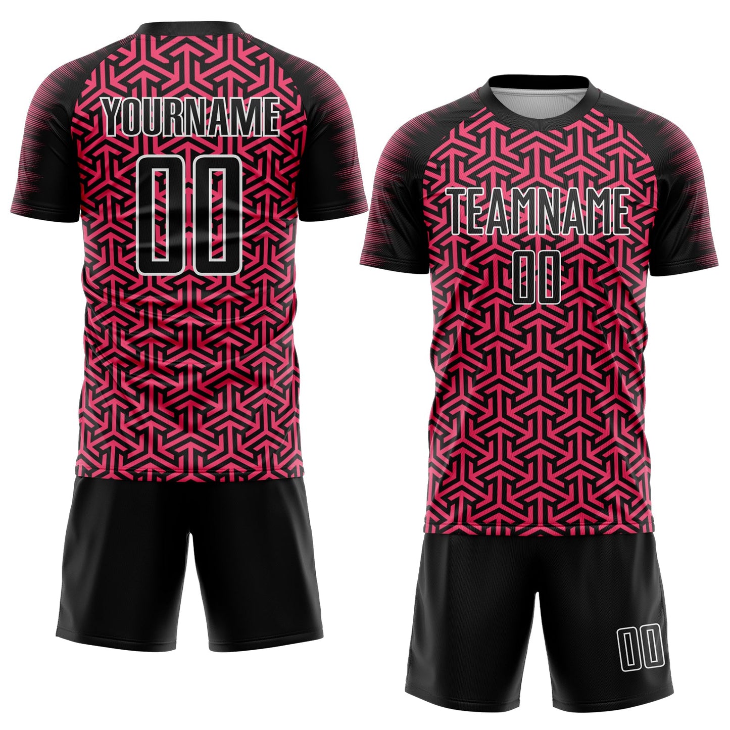 Custom Black Neon Pink-White Geometric Arrow Sublimation Soccer Uniform Jersey view 2