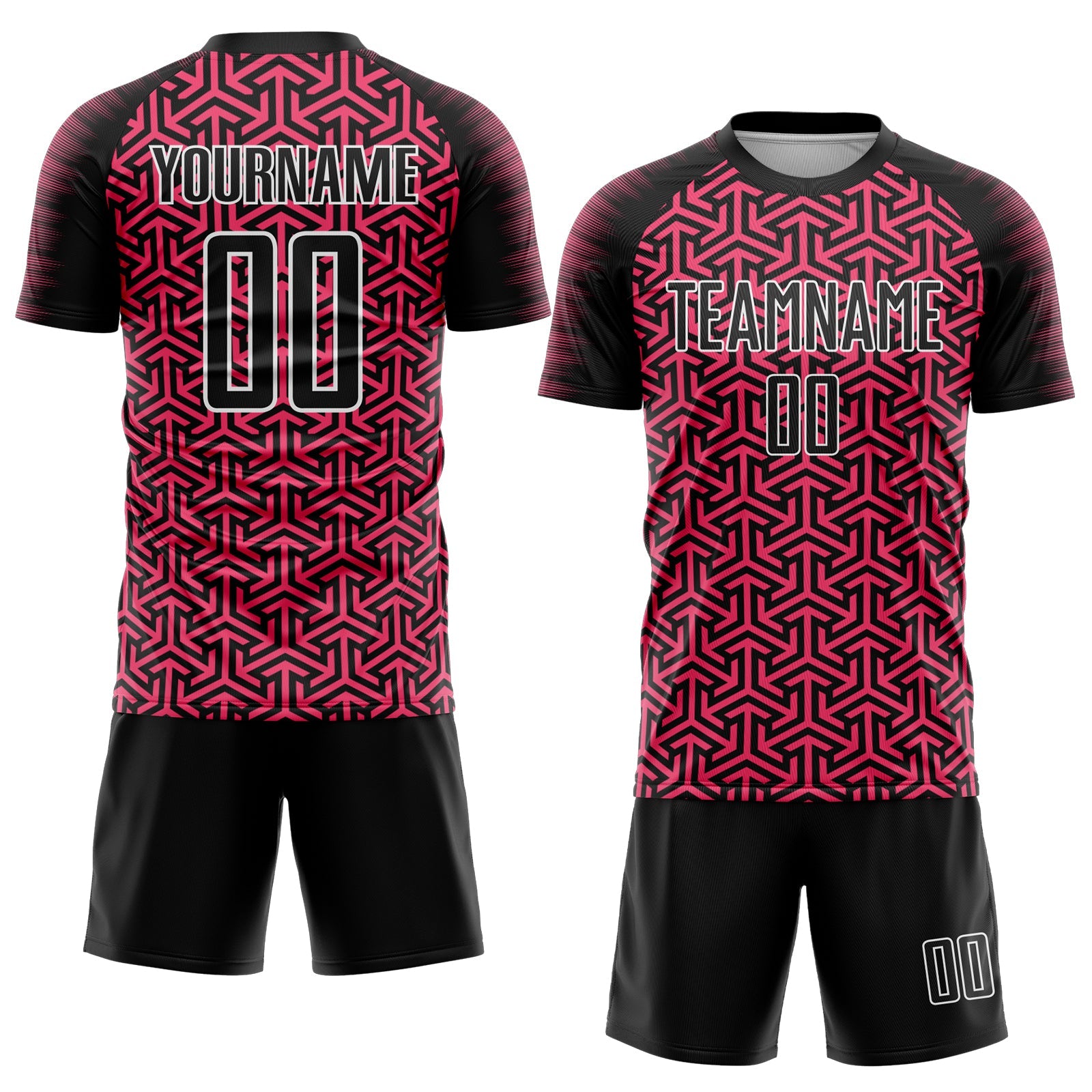 Custom Black Neon Pink-White Geometric Arrow Sublimation Soccer Uniform Jersey view 2