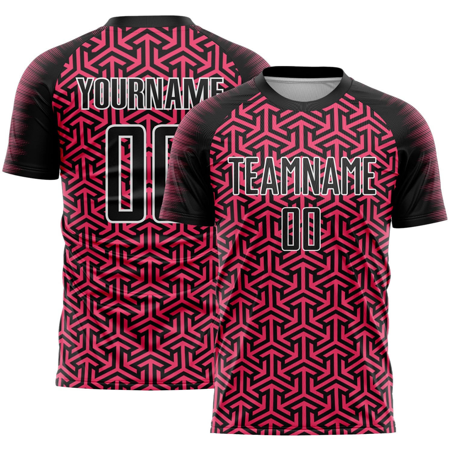 Custom Black Neon Pink-White Geometric Arrow Sublimation Soccer Uniform Jersey - Main View