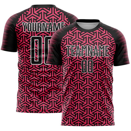 Custom Black Neon Pink-White Geometric Arrow Sublimation Soccer Uniform Jersey - Main View