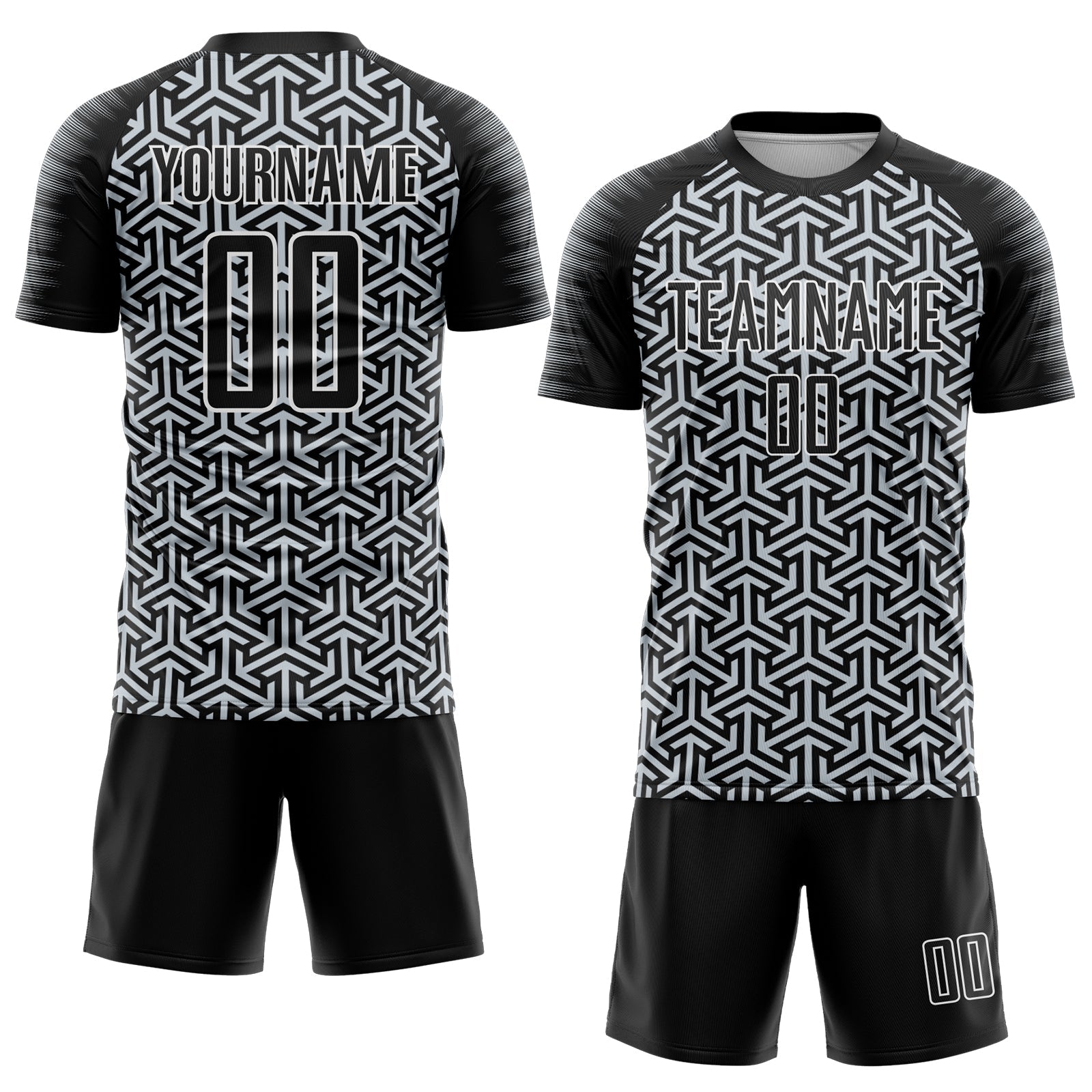Custom Black Silver-White Geometric Arrow Sublimation Soccer Uniform Jersey view 2