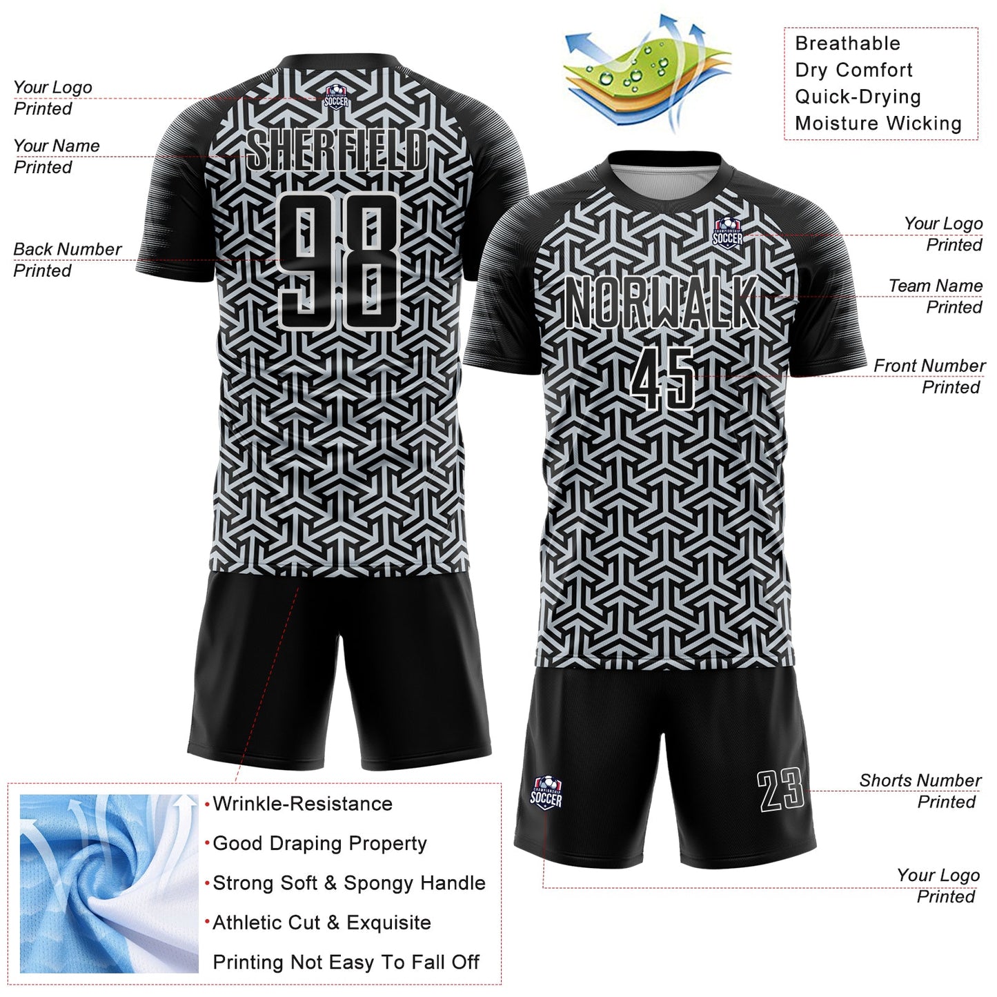 Custom Black Silver-White Geometric Arrow Sublimation Soccer Uniform Jersey view 4
