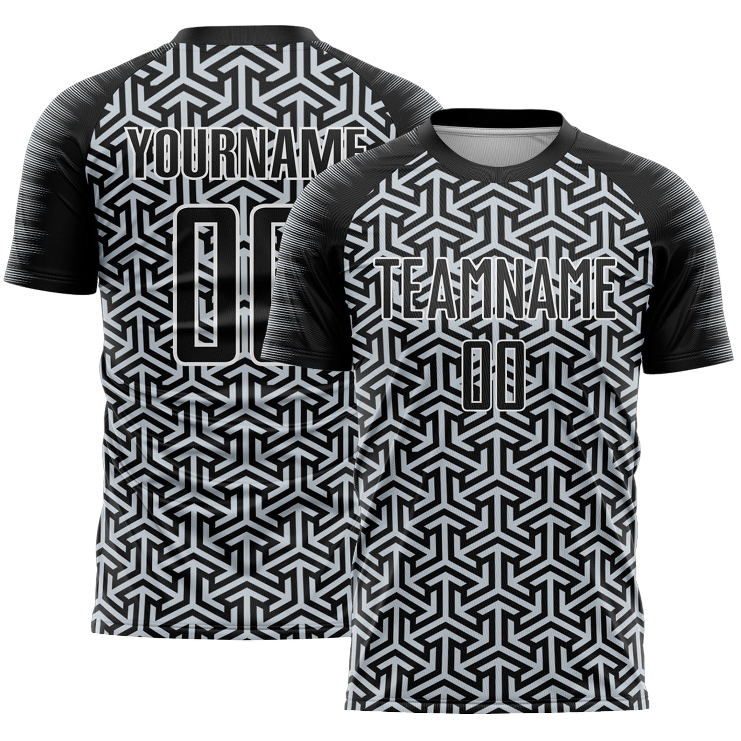 Custom Black Silver-White Geometric Arrow Sublimation Soccer Uniform Jersey - Main View