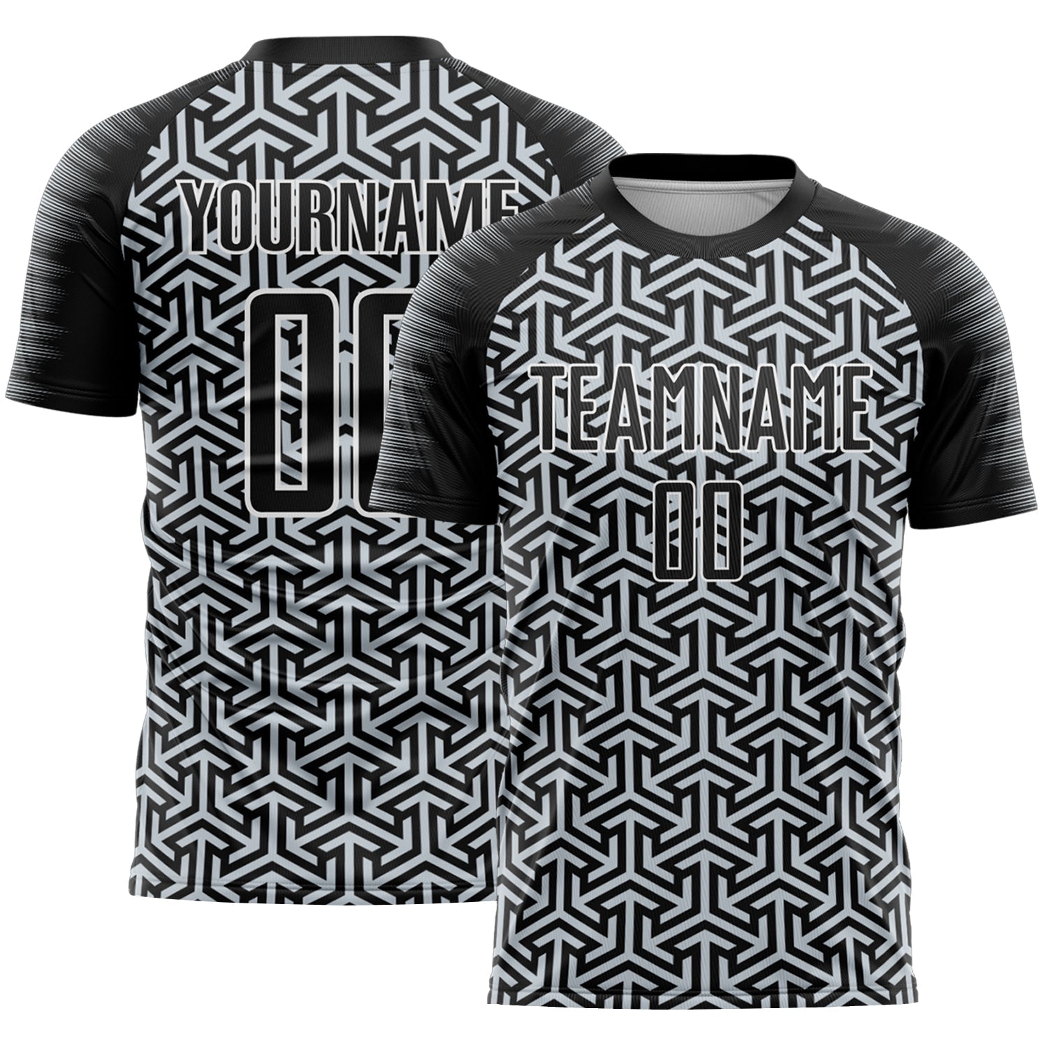 Custom Black Silver-White Geometric Arrow Sublimation Soccer Uniform Jersey - Main View