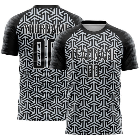 Custom Black Silver-White Geometric Arrow Sublimation Soccer Uniform Jersey - Main View