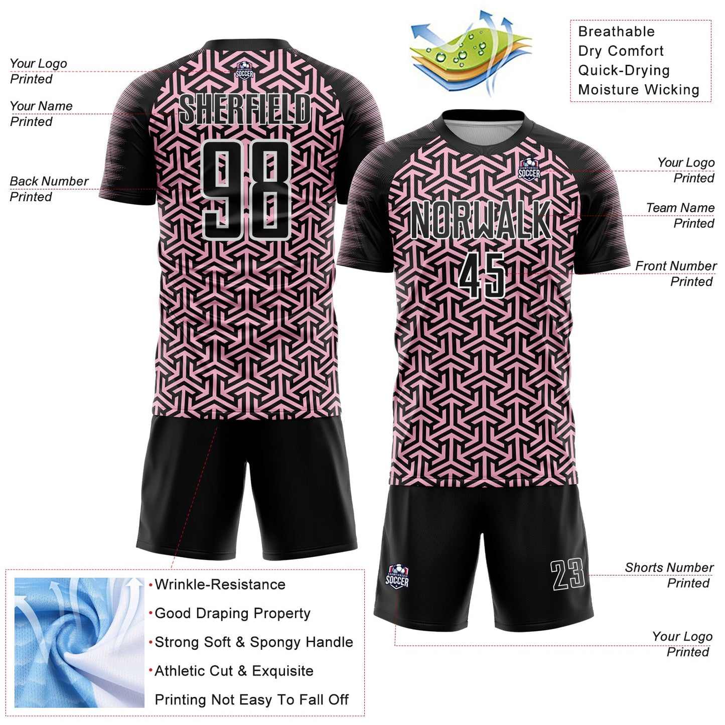 Custom Black Light Pink-White Geometric Arrow Sublimation Soccer Uniform Jersey view 4