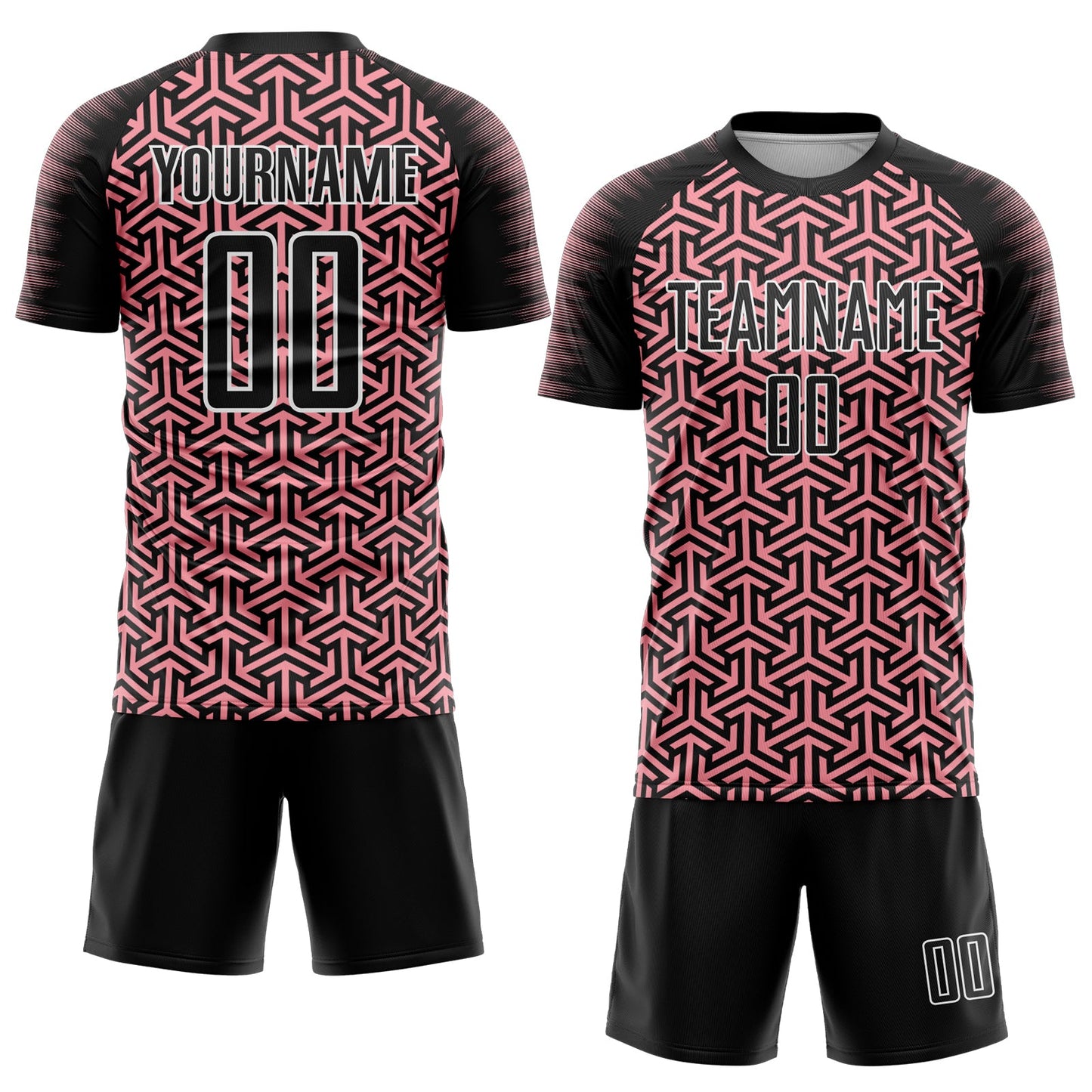 Custom Black Medium Pink-White Geometric Arrow Sublimation Soccer Uniform Jersey view 2