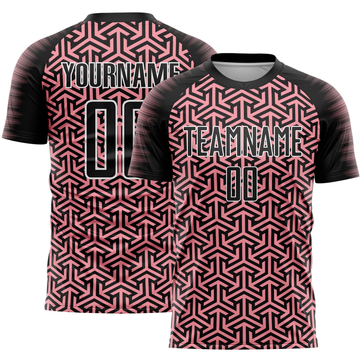 Custom Black Medium Pink-White Geometric Arrow Sublimation Soccer Uniform Jersey - Main View