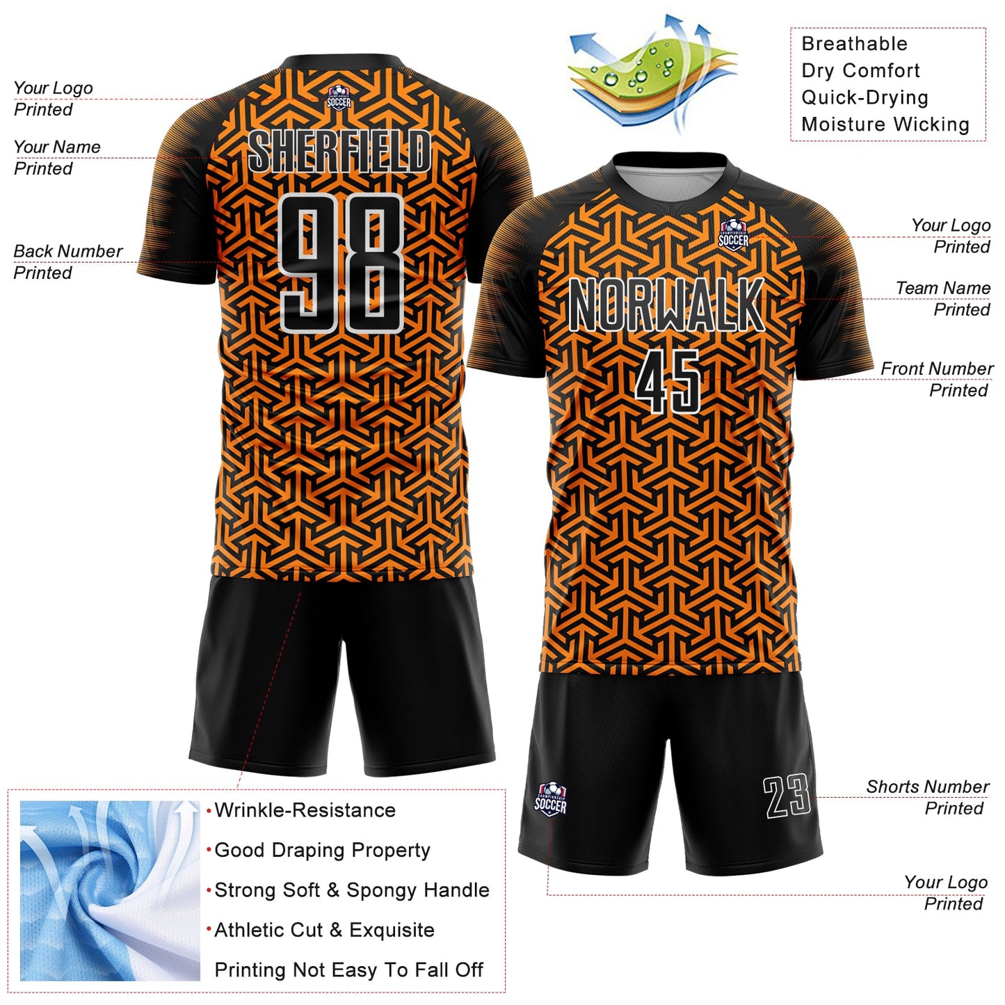 Custom Black Bay Orange-White Geometric Arrow Sublimation Soccer Uniform Jersey view 4