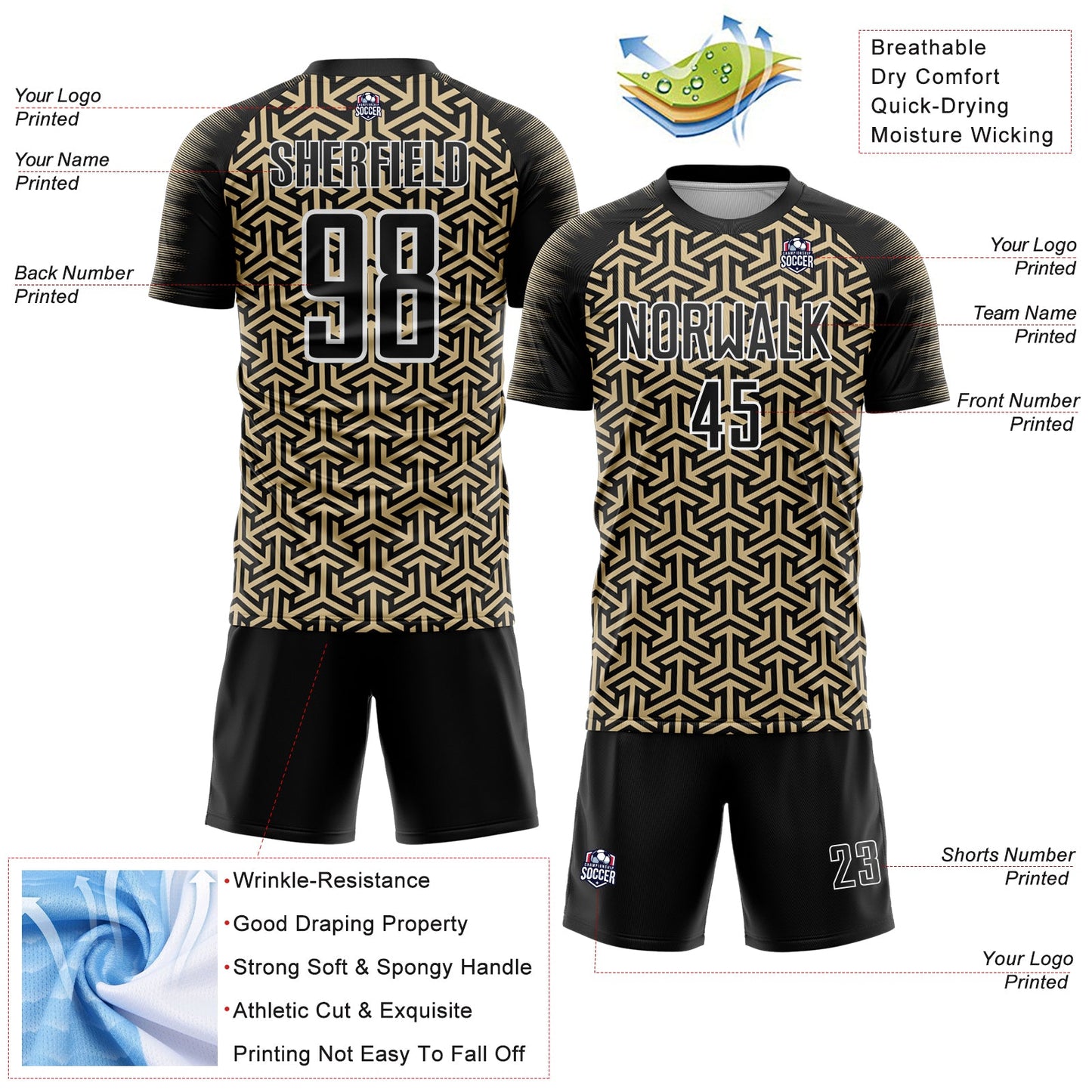 Custom Black Vegas Gold-White Geometric Arrow Sublimation Soccer Uniform Jersey view 4