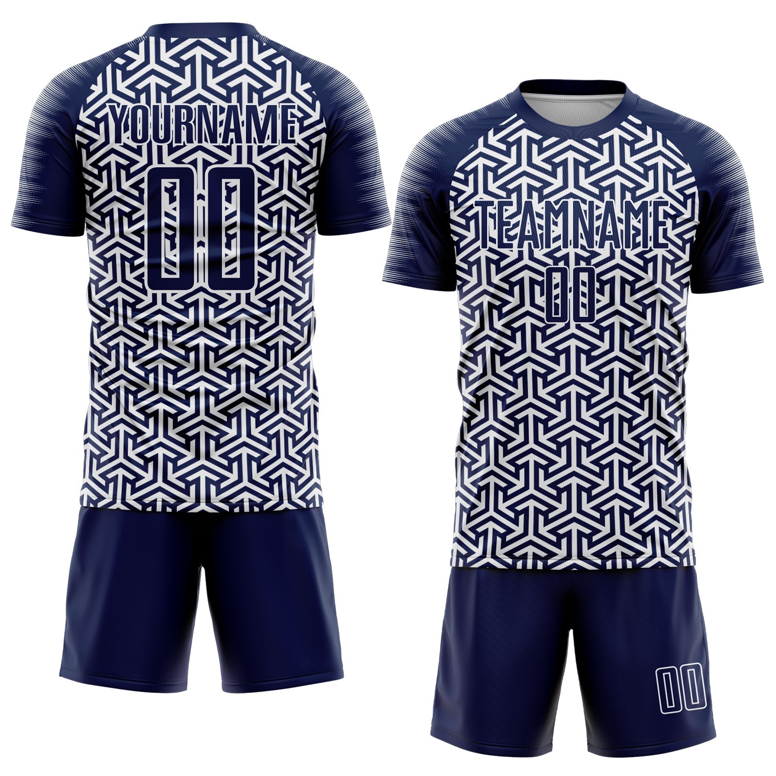 Custom Navy White Geometric Arrow Sublimation Soccer Uniform Jersey view 2