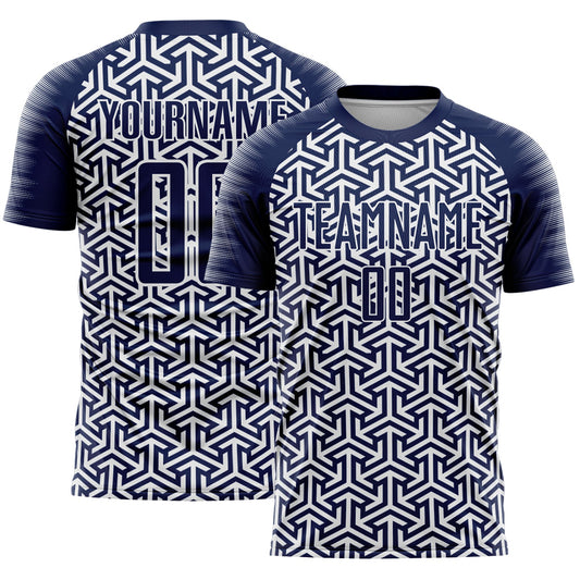 Custom Navy White Geometric Arrow Sublimation Soccer Uniform Jersey - Main View