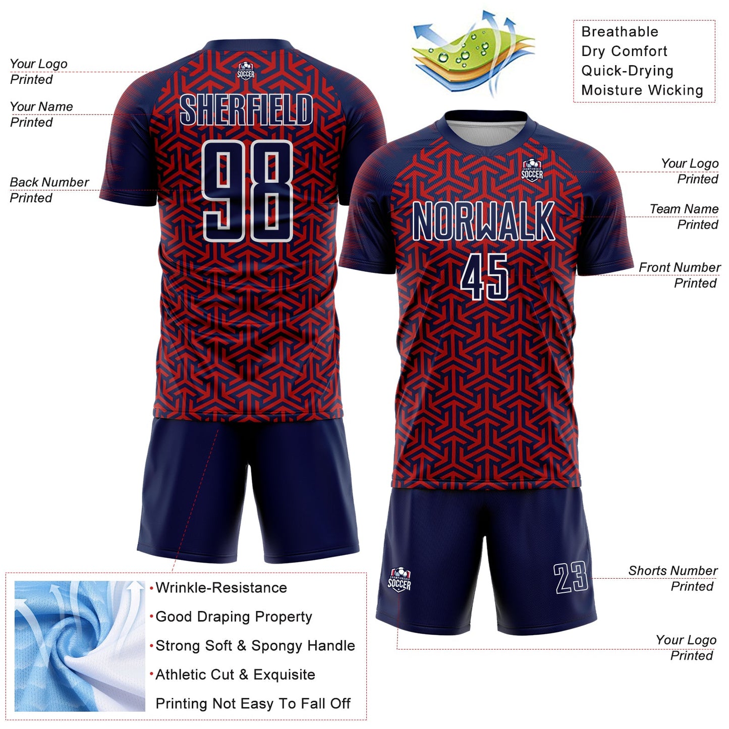 Custom Navy Red-White Geometric Arrow Sublimation Soccer Uniform Jersey view 4
